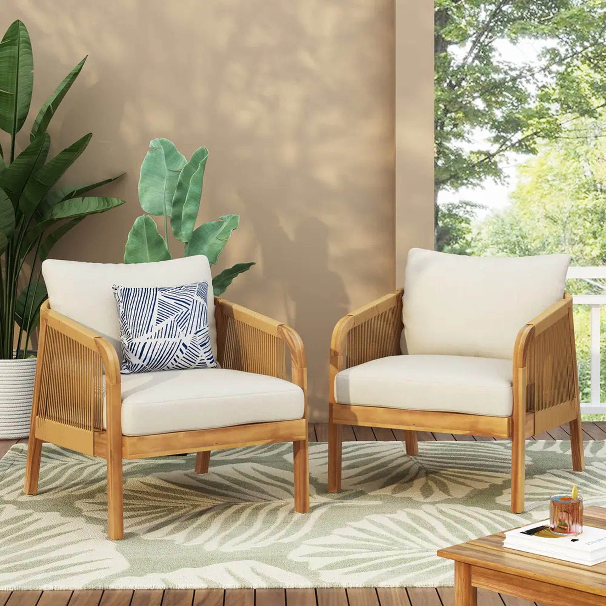 Set Of 2, Acacia Wood And Wicker Outdoor Club Chair, Deep Seating With Soft Cushion, Porch Chairs For Garden, Backyard Porch Balcony, Brown & Beige