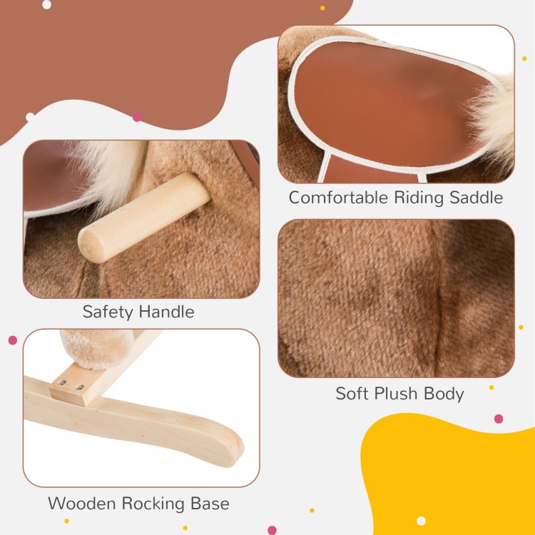 Qaba Kids Rocking Horse, Plush Toddler Rocker, Wooden Base Ride On Toy With Handle Grip, Traditional Toy For Kids 36M , Brown