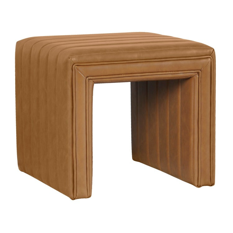 Ada Footstool Ottoman, Channel Tuft Caramel Brown Faux Leather 19 Inch