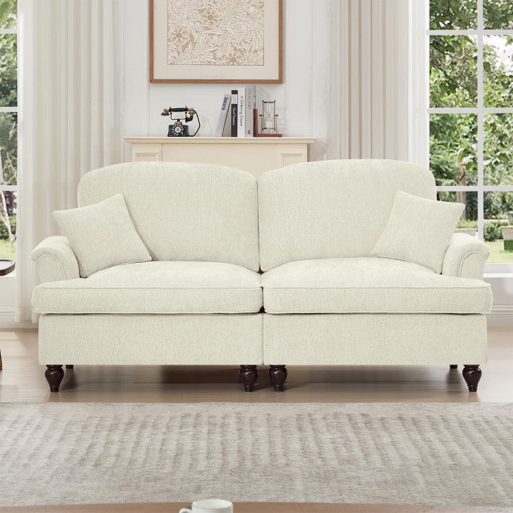 Elegant Mid Century Oversized Large Two Seater Sofa Couch With Flared Arms And Removable Ruffles Pleats Skirts And Spindle Legs, Comfy Chenille Two Seat Love Seat Sofa For Living Room, Beige White