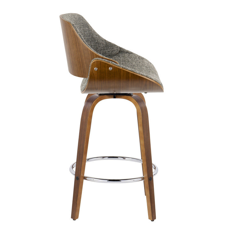 26" Mid Century Modern Fixed Height Counter Stool With Swivel In Walnut Wood And Noise Grey Fabric With Round Chrome Metal Footrest Set Of 2