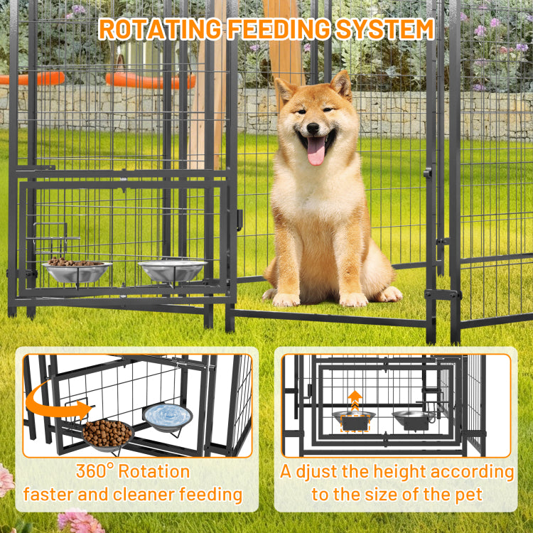 Dog Kennel Outdoor With Roof, 4.23'X7.81'X4.83' Welded Wire Enclosure, Heavy Duty Dog Crate With Uv Resistant Waterproof Cover, Double Lock & Rotating Feeder For Medium Large Dogs