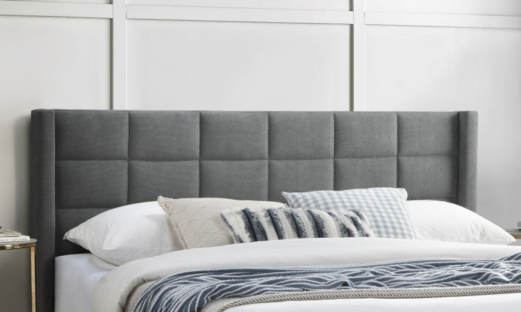Elegant Modern 1Pc Full Size Bed Upholstered Box Design Headboard Bedframe Gray Brushed Linen