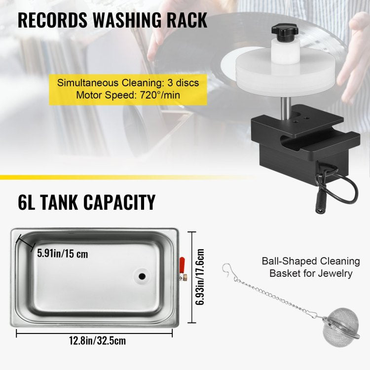 Ultrasonic Vinyl Record Cleaner 6L 40Khz Vinyl Ultrasonic Cleaning Machine Knob Control Record Ultrasonic Cleaner 4 Records Vinyl Sonic Cleaner Stainless Steel Tank W Mechanical Heater & Timer