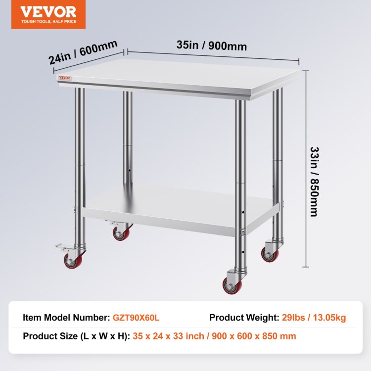 Stainless Steel Work Table 36X24 Inch With 4 Wheels Commercial Food Prep Worktable With Casters Heavy Duty Work Table For Commercial Kitchen Restaurant