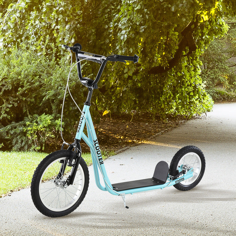 Aosom Youth Scooter, Teens Kick Scooter, Adjustable Handlebar Ride On Toy For 5 With 16" Front And 12" Rear Dual Brakes Inflatable Wheels, Blue