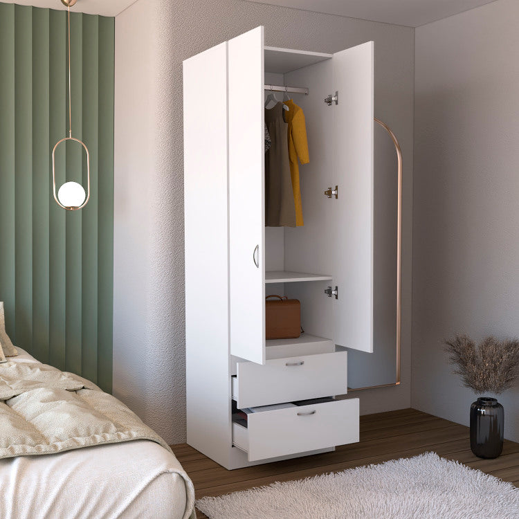 Armoire Wardrove 76" H, Hanging Rod, 2 Drawers, 1 Shelf, White