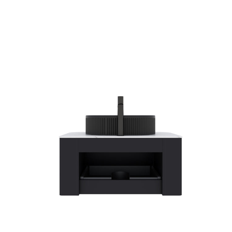 Dina 30" Bathroom Vanity With Sink, Modern Wall Mounted Floating Curved Edges Striped Bathroom Storage Cabinet With A Drawer, Black Ceramic Vessel Basin Without Faucet, Pre Assembled, Black Color