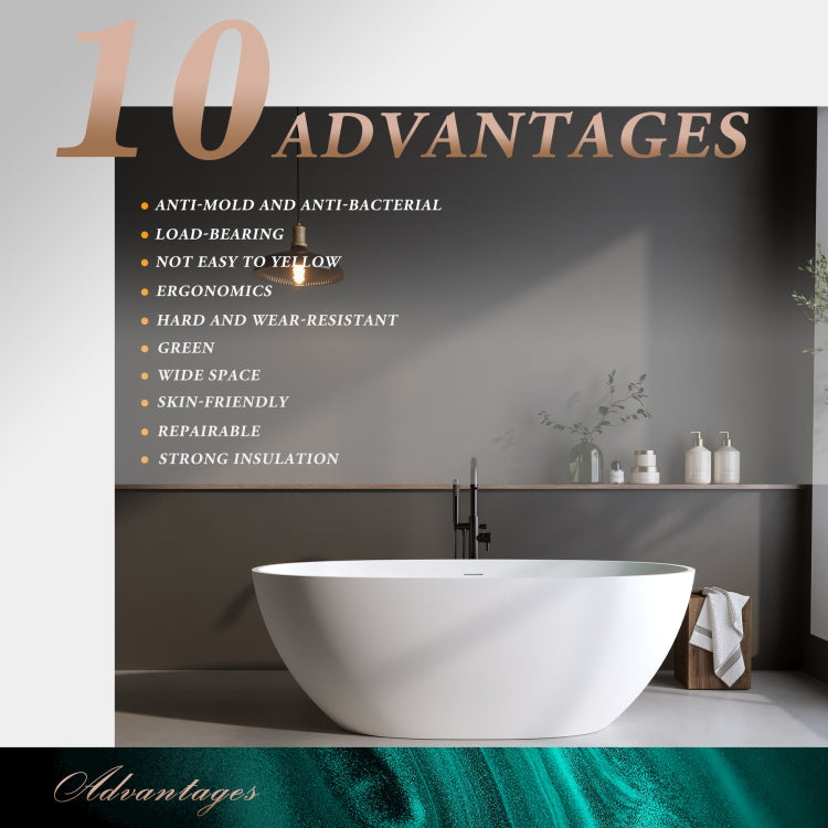 59'' Solid Surface Matte Tub, Solid Surface Soaking Tub, Stone Resin Freestanding Bathtub, Thick Edge Stand Alone Tubs With Overflow, Pop Up Drain, Matte White Oval