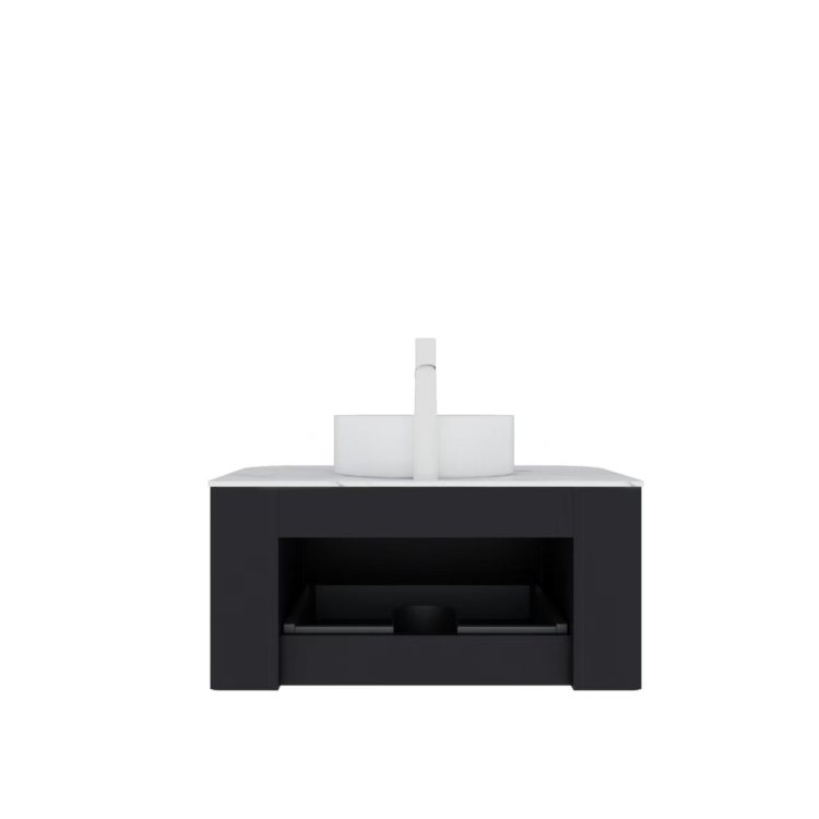 Dina 30" Bathroom Vanity With Sink, Modern Wall Mounted Floating Curved Edges Striped Bathroom Storage Cabinet With A Drawer, White Round Ceramic Basin Without Faucet, Pre Assembled, Black Color