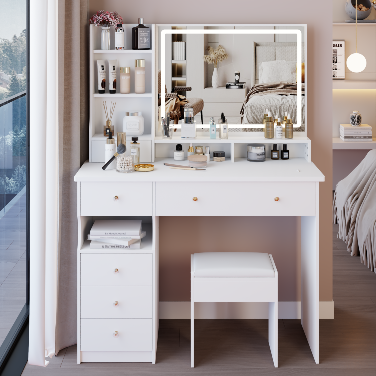 41" Large Sized Desktop Vanity Table Cushioned Stool, Oversized Desktop, Large Touch Control Led Mirror, 3 Color Switch, Multi Layer High Capacity Storage Fashion Dresser, Epa, Gcc, Ul Certificate