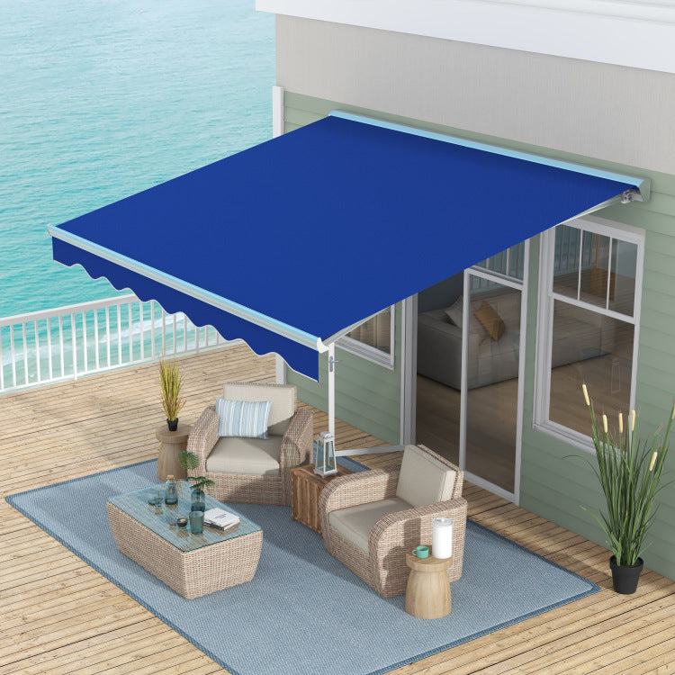 Outsunny 13' X 10' Electric Awning With Led Lights, Retractable Awning, Uv40 Sun Shade Shelter With Remote Controller And Crank Handle For Deck, Balcony, Yard, Blue