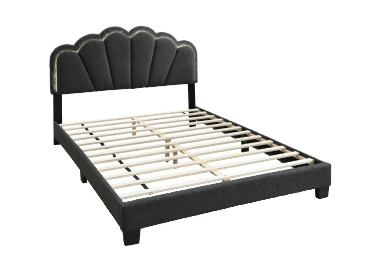 Full Size Bed Charcoal Wool Fabric Floral Design Headboard W Led Fully Upholstered Platform Bedroom Furniture