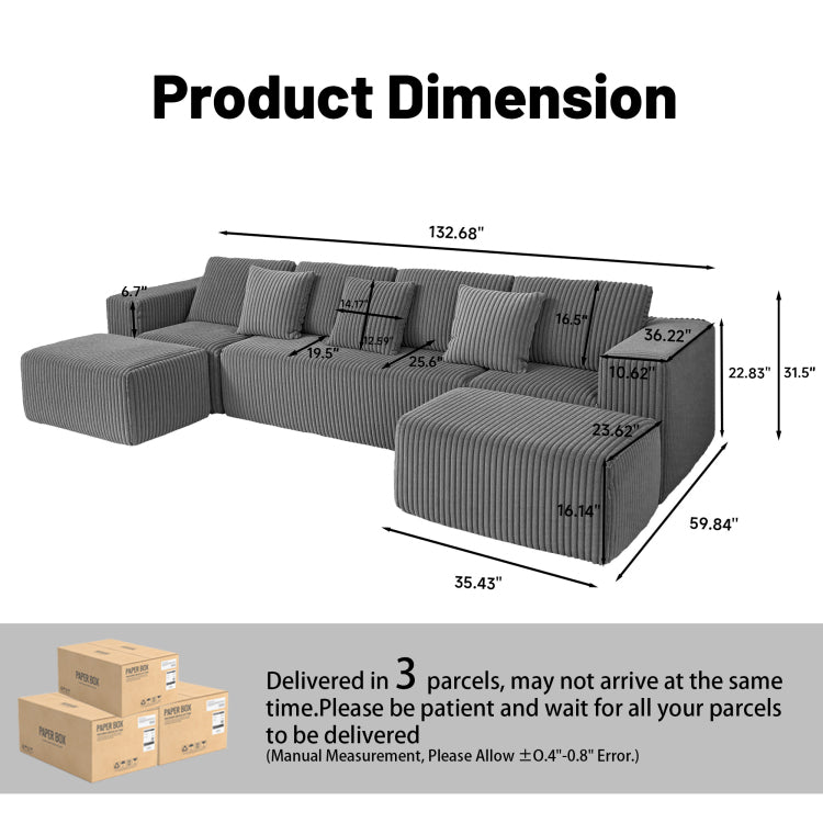 Modular U Shaped Sectional Sofa, 132 Inch 4 Seater With Reversible Chaise Lounge Gray Striped Corduroy Fabric, Modularly Adjustable For Living Room & Bedroom, Feat. Freely Configurable Layout