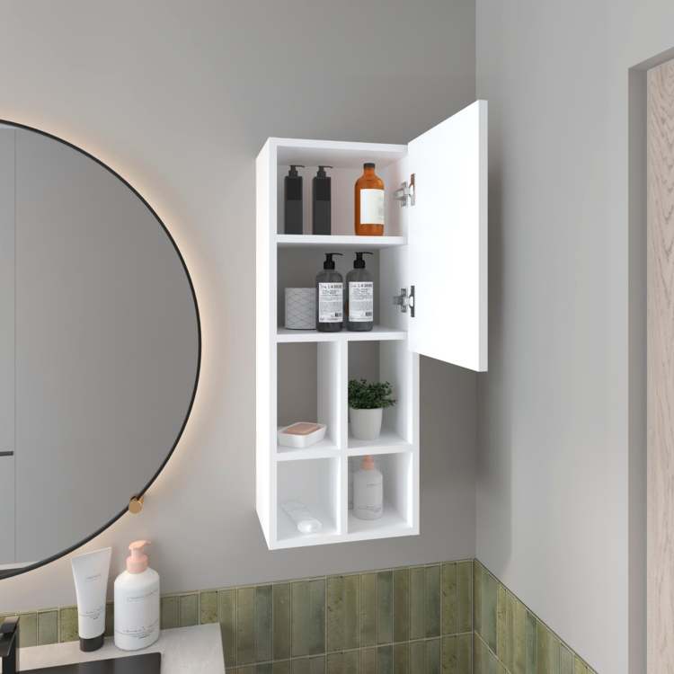 White Wall Mounted Bathroom Cabinet With Door And 4 Open Shelves
