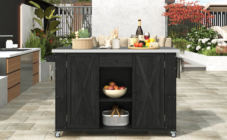 Outdoor Kitchen Island Fir Wood Kitchen Island With Stainless Steel Top, Ample Storage Space, Towel And Spice Racks And A Bottle Opener For Outdoor, Black