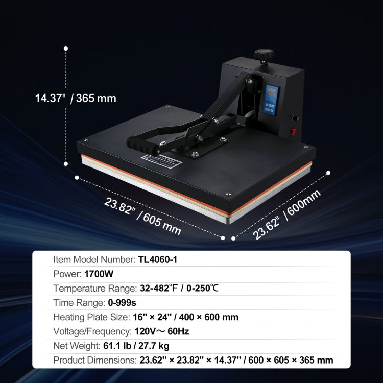 Heat Press 16X24, 1700W Power Heat Press Machine, Fast Heating, High Pressure Heat Press Machine For T Shirt, Digital Industrial Sublimation Printer For Heat Transfer Vinyl, Easy To Use, Black