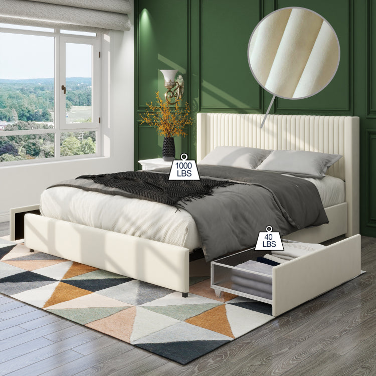 Anna Patented 2 Drawer Storage Bed Queen Size Ivory Velvet Upholstered Wingback Platform Bed, Modern Design Headboard With Tight Channel, Wooden Slat Mattress Support No Box Spring Needed