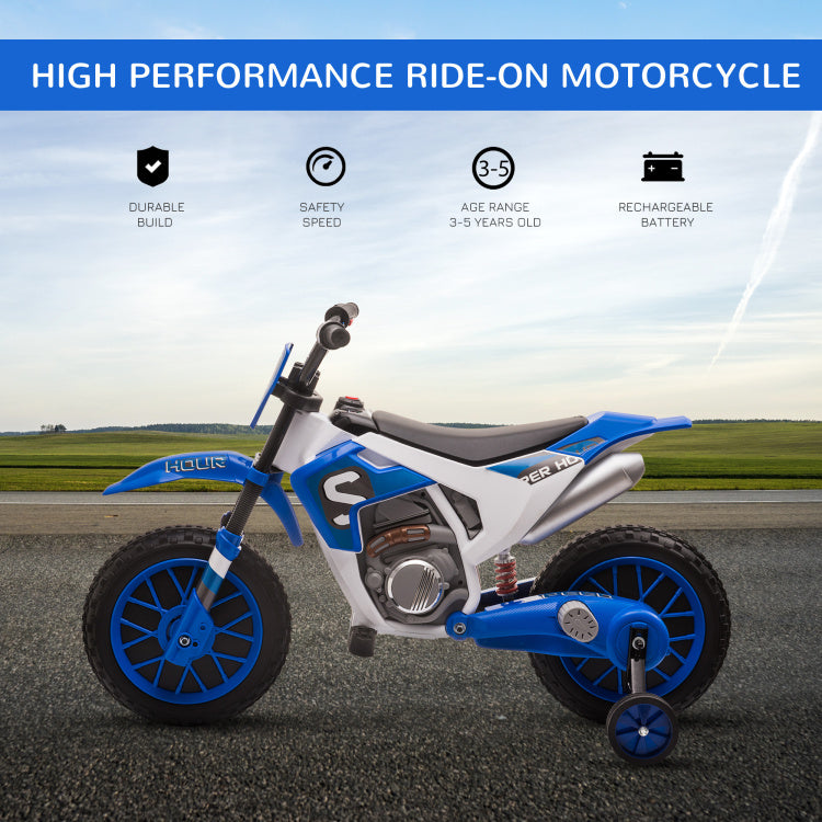 Aosom 12V Kids Motorcycle Dirt Bike Electric Battery Powered Ride On Toy Off Road Street Bike With Charging Battery, Training Wheels Blue