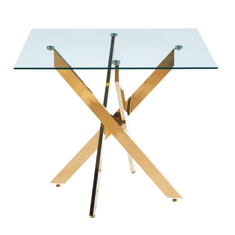 Dining Table With Cross Metal Leg And Tempered Glass,Modern Space Saving Kitchen Table For Living Room,Chrome Legs,Square Table,Golden Legs,90X90X75Cm