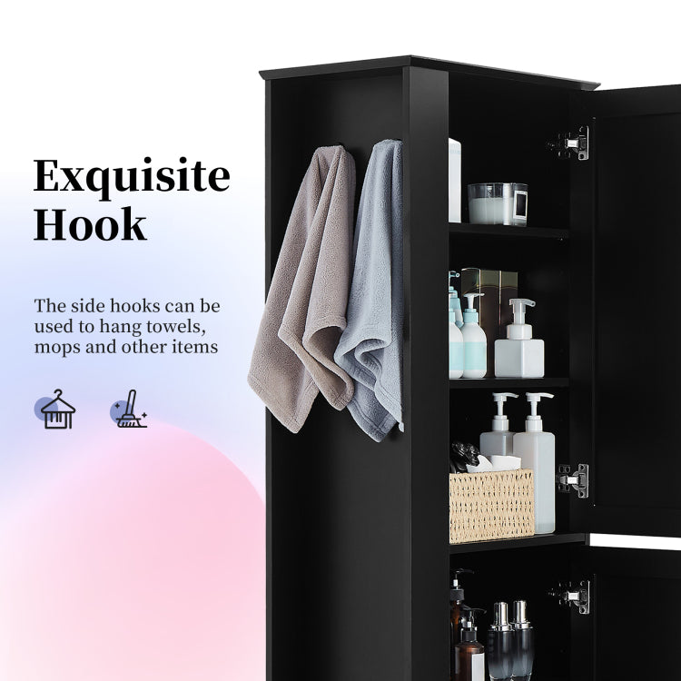 Tall Bathroom Storage Cabinet, Freestanding Storage Cabinet With Hook And Adjustable Shelf, Mdf Board, Black