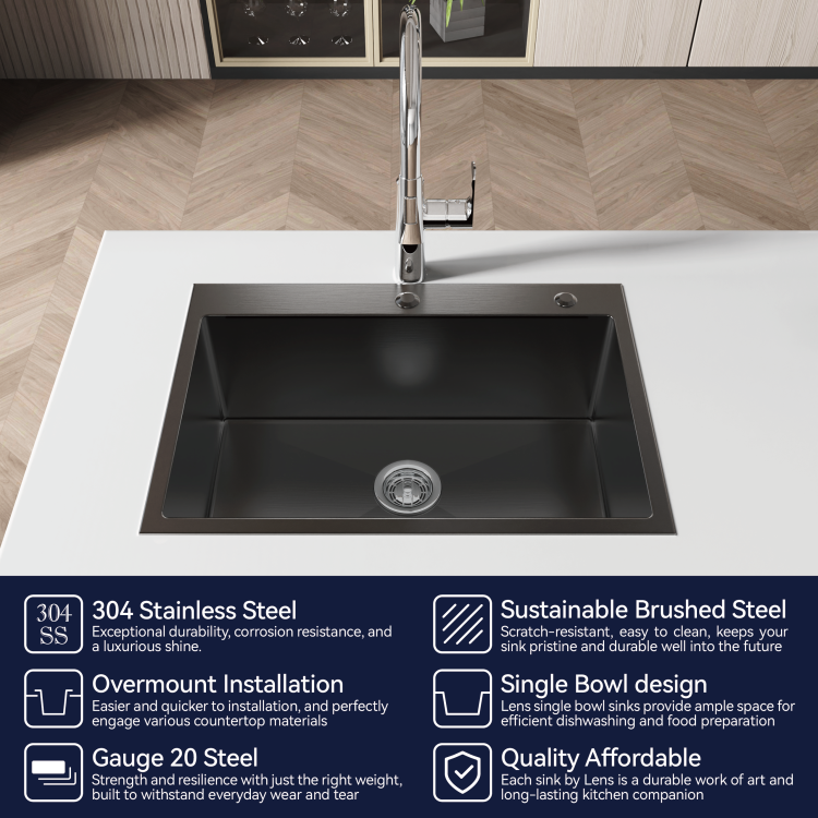 Stainless Steel Kitchen Sink, 27 X19 Single Bowl, Overmount Handmade Sink In Black, With Us Standard Drain And Hook, Ls Ssbl01