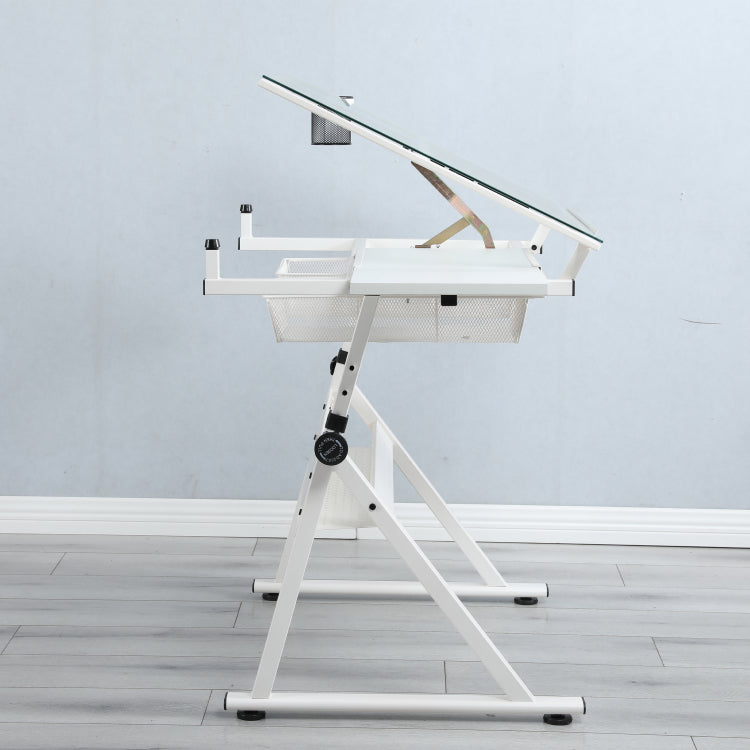 White Adjustable Tempered Glass Drafting Printing Table With Chair