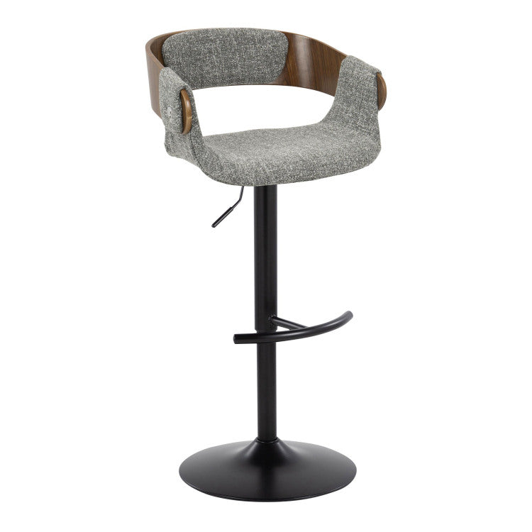 Elisa Mid Century Modern Adjustable Barstool With Swivel In Black Metal, Walnut Wood And Grey Fabric With Rounded T Footrest By Set Of 2