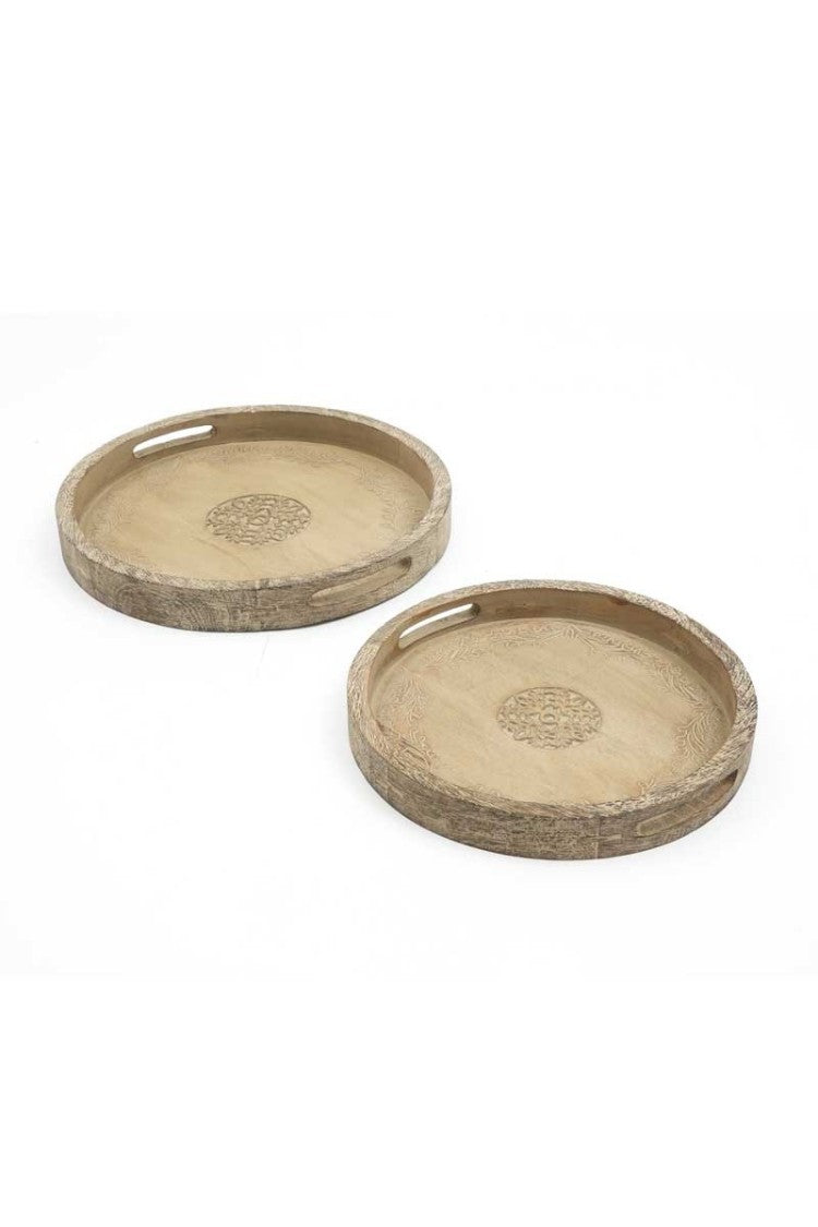 Round Mango Wood Serving Tray 18" Rustic Brown Design For Stylish Entertaining