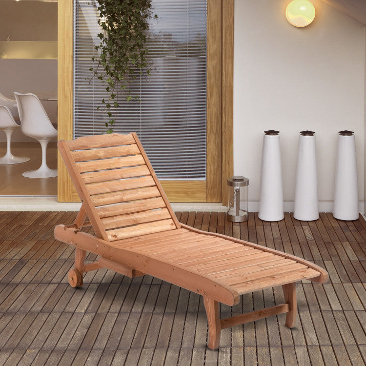 Outsunny Outdoor Chaise Lounge Pool Chair, Built In Table, Reclining Backrest For Sun Tanning Sunbathing, Rolling Wheels, Red Wood Look