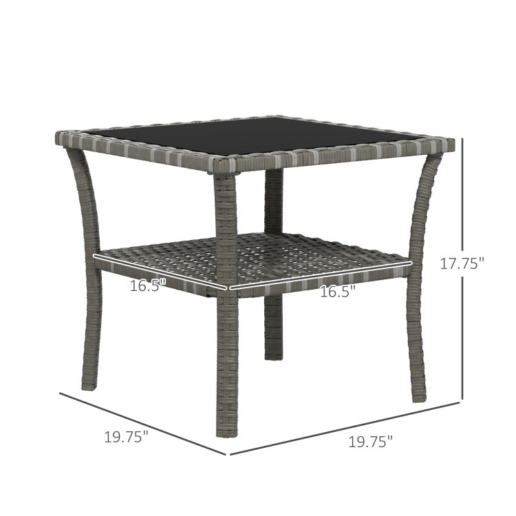 Outsunny Rattan Side Table, Outdoor End Table With Storage Shelf, Aluminum Frame Square, Coffee Table With Tempered Glass Top, Mixed Gray