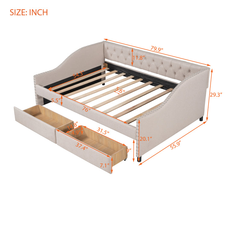 Upholstered Daybed With Two Drawers, Wood Slat Support, Beige, Full Size Old Sku :Lp001111Aaa