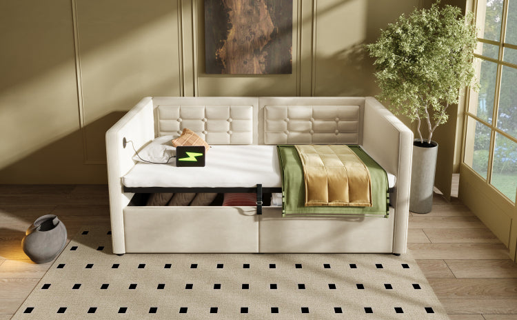 Upholstered Twin Size Daybed, Hydraulic Storage Twin Bed Frame With Usb & Type C Charging, Bed Frame With Wooden Slats And Tufted Sofa Back, Beige, Velvet Without Mattress