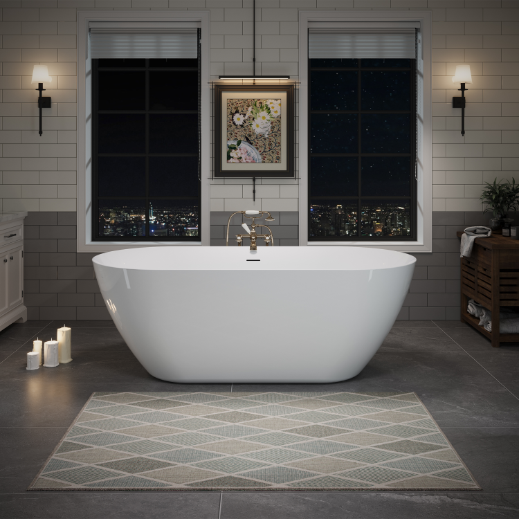 63" Acrylic Freestanding Bathtub, Oval Deep Soaking Bathtub With Center Pop Up Drain & Integrated Overflow, Contemporary Stand Alone Bath Tub For Bathroom Spa Or Home Upgrade, Glossy White Th 26A09