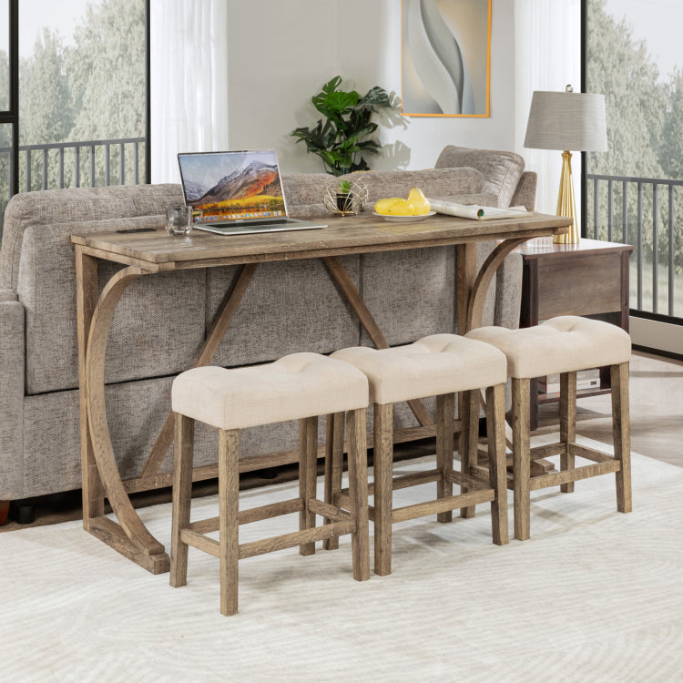 4 Piece Bar Table Set With Power Outlet, Dining Bar Table And Chairs Set,Bar Table Set With 3 Padded Stools For Living Room, Dining Room, Game Room, Brown