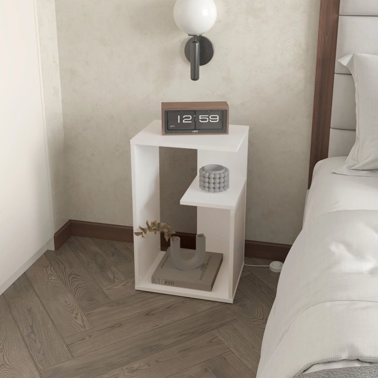 White Side Table In Melamine With Open Storage