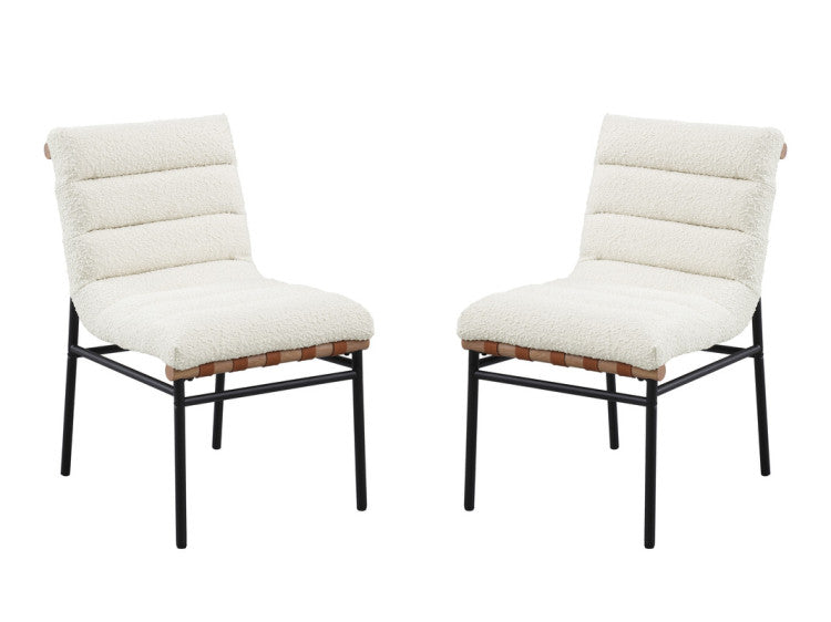 Liana White Boucle Fabric Set Of 2 Dining Chair With Black Iron Legs