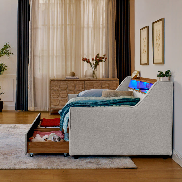 Twin Size Upholstery Sofa Bed With Three Led Lights, With Storage Adjustable Headboard, With Foldable Leg Pull Up Trundle Bed And Wireless Charging, Linen Padded Sofa Bed Frame, Beige