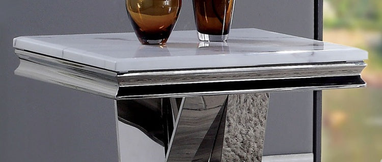 1Pc End Table Modern Glam Style 18Mm Faux Marble On Top Rectangular V Shape Pedestal Base Stainless Steel Metal Structure Chroma Finish Coffee Table Not Included