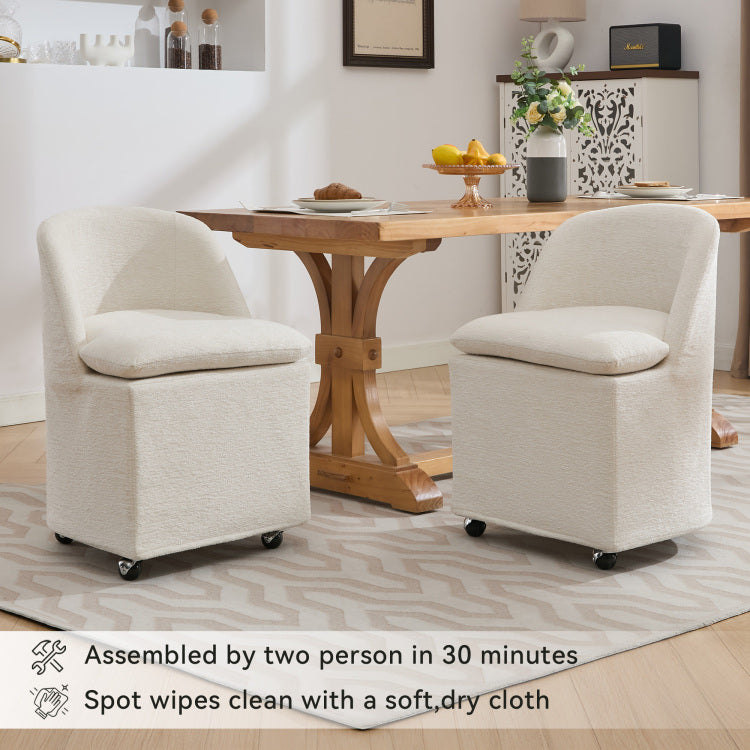 058 Set Of 2 Chenille Fabric Dining Chairs With Universal Wheels,Beige