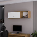 Roslyn Wall Mounted Cabinet With Lift Up Door, Open Compartments, Natural Oak And White