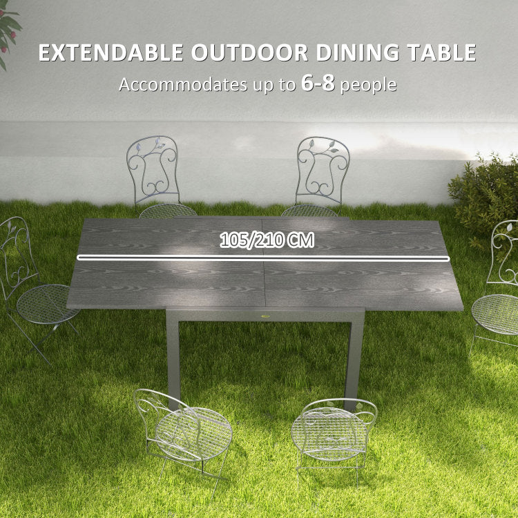 Outsunny Extendable Outdoor Dining Table, 41" 83" Aluminum Frame Patio Table With Wood Effect Steel Top, Rectangle Expandable Patio Table For 6 8, Dark Gray