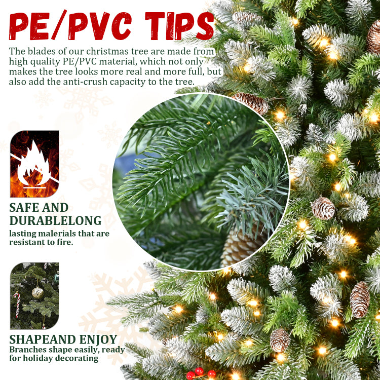 6Ft Pre Lit Artificial Christmas Tree With 380 Warm White Led Lights, 1264 Tips, Frosted Greenery With Red Berries & Natural Pinecones, Full Holiday Tree With Sturdy Metal Stand For Indoor