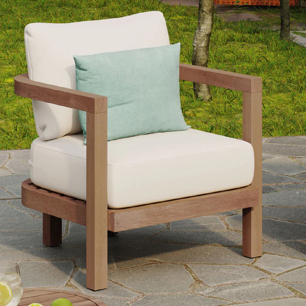 Outdoor Acacia Wood Patio Club Chair, Patio Furniture,Waterproof Thick Cushion Deep Seating For Porch, Garden, Backyard, Balcony, Weight Capacity 400Lbs, Brown Wash, Beige Cushion