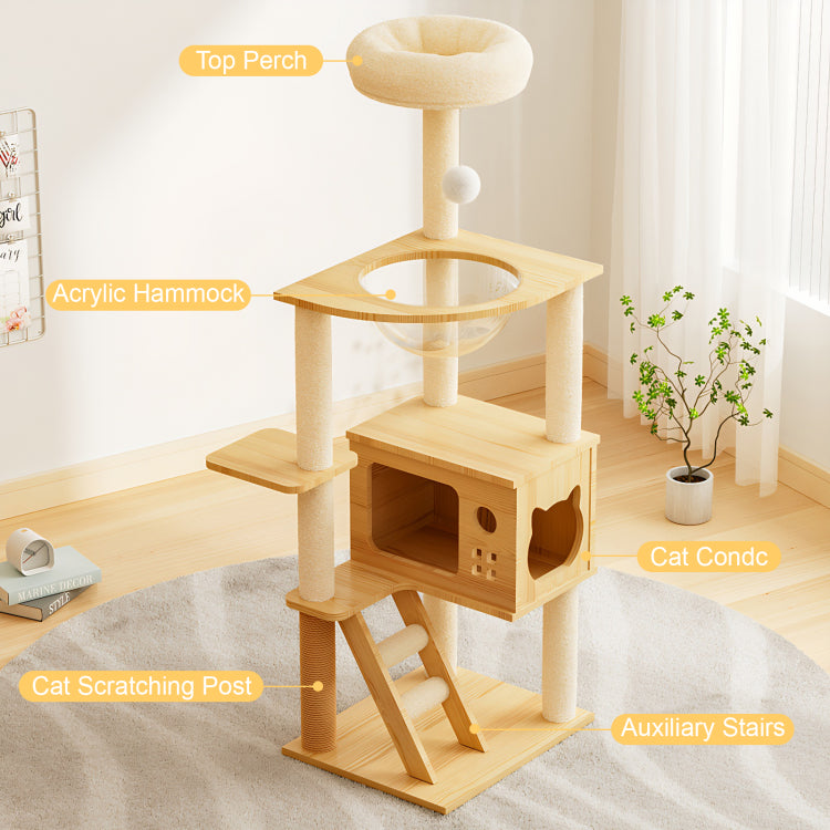 48.8" Modern Cat Tower, Wood Cat Tree Tower For Indoor Cats, Cat Treewith Sisal Covered Scratching Posts And Top Perch, Cat Condo With Acrylic Hammock For Small Large Cats