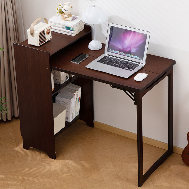 Bamboo Folding Desk, Foldable Desk For Small Space, Computer Desk With Hidden Storage, Mid Century Foldable Table For Home Office And Bedroom Walnut Brown