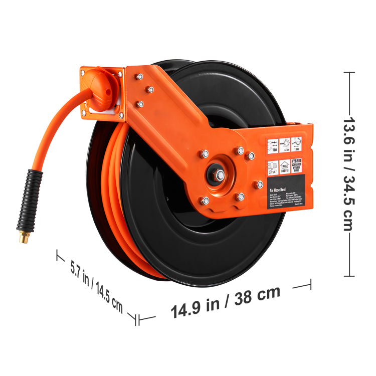 Retractable Air Hose Reel, 3 8 In X 50 Ft Hybrid Air Hose Max 300Psi, Air Compressor Hose Reel With 5 Ft Lead In, Ceiling Wall Mount Heavy Duty Single Arm Steel Reel