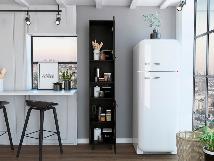Hobart Pantry, Four Legs, Three Interior Shelves, Two Shelves, Two Cabinets Black