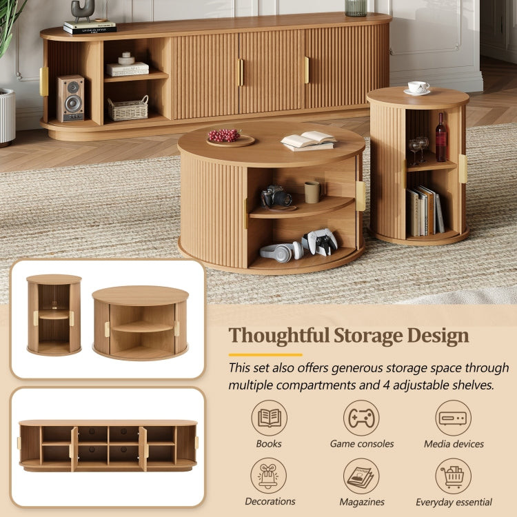 Assembly Video Wooden Tv Stand & Coffee Table Set With Fluted Sliding Door For Tvs Up To 75", Golden Handles Media Console With Cable Hole, Farmhouse Round Center Table For Living Room, Natural