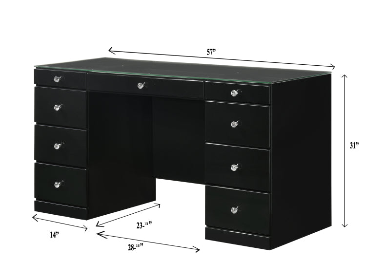 1Pc Glam Makeup Vanity Table Glass Top 9 Drawers Knobs Black Wooden Bedroom Furniture